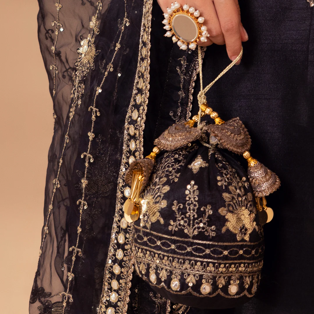 BMGS-22 EMBROIDERED RAW SILK BAGS (BLACK) - Image 3