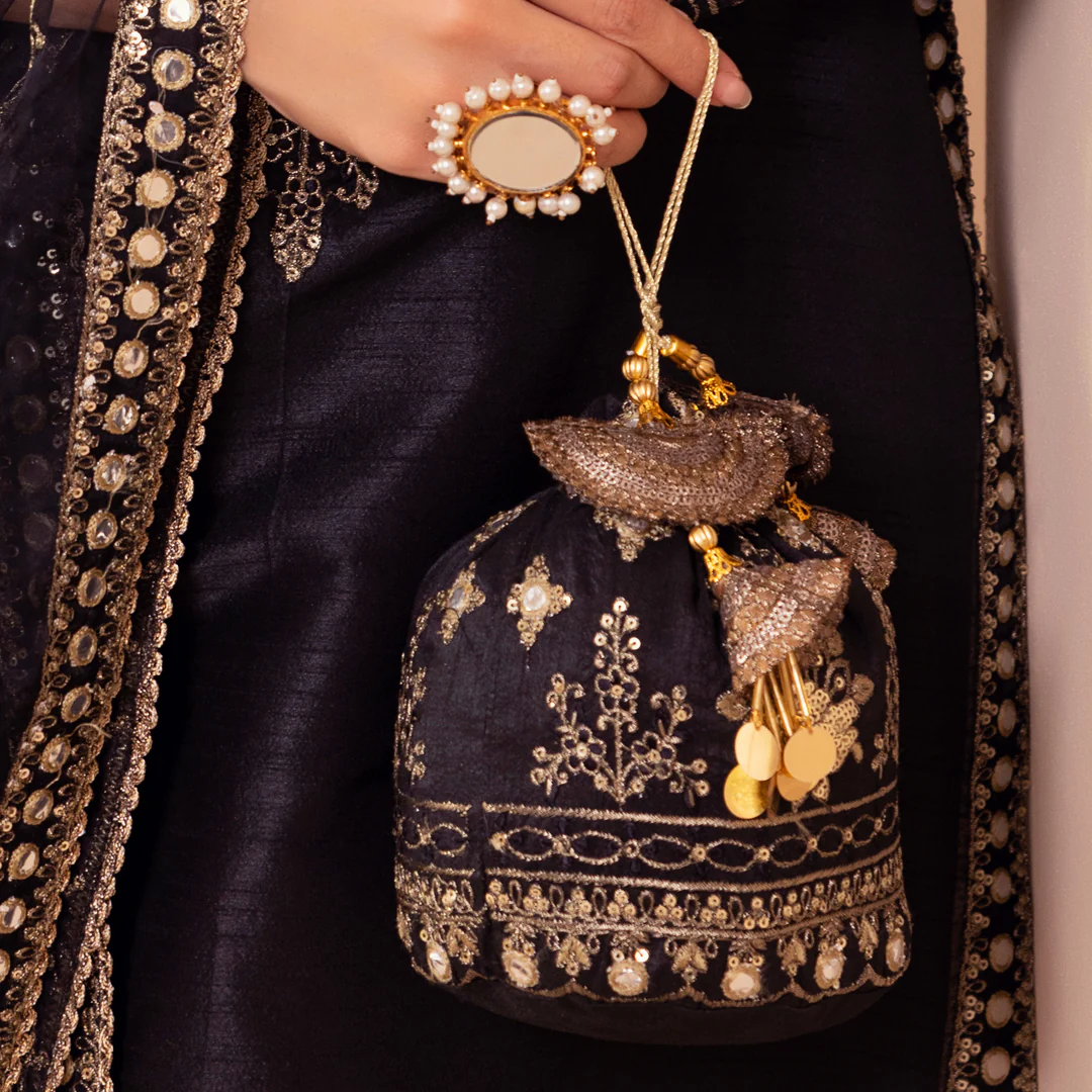 BMGS-22 EMBROIDERED RAW SILK BAGS (BLACK) - Image 4